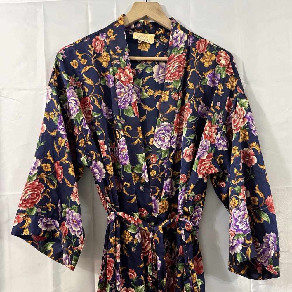 VTG Dentelle L Satin Navy Blue Floral Robe Sleepwear Lounge Kimono Cottagecore